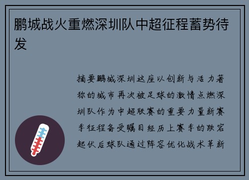 鹏城战火重燃深圳队中超征程蓄势待发