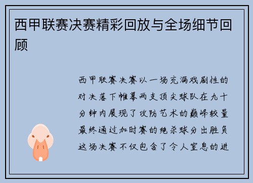 西甲联赛决赛精彩回放与全场细节回顾